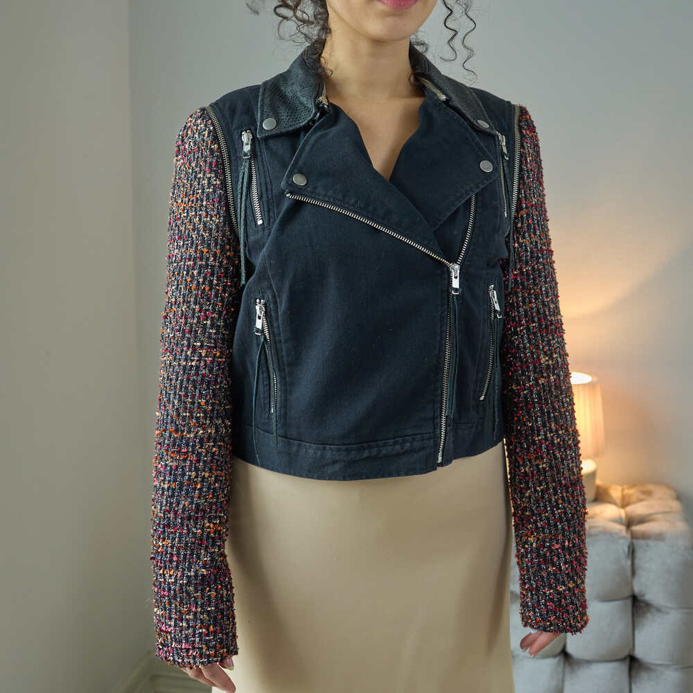 Elizabeth and James Women's Black Tweed Denim Moto Jacket Vest Size M